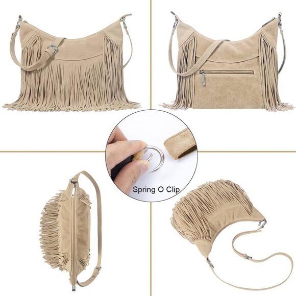 Classic 70s Style Fringe Shoulder Bag - Medium Vegan Suede Purse for Daily Use - Picture 3 of 6